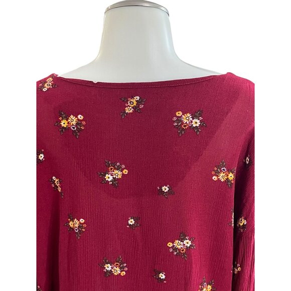 Lee Womens Floral Print Blouse Medium 100%‎ Rayon Burgundy V-Neck Long Sleeve - Picture 7 of 11